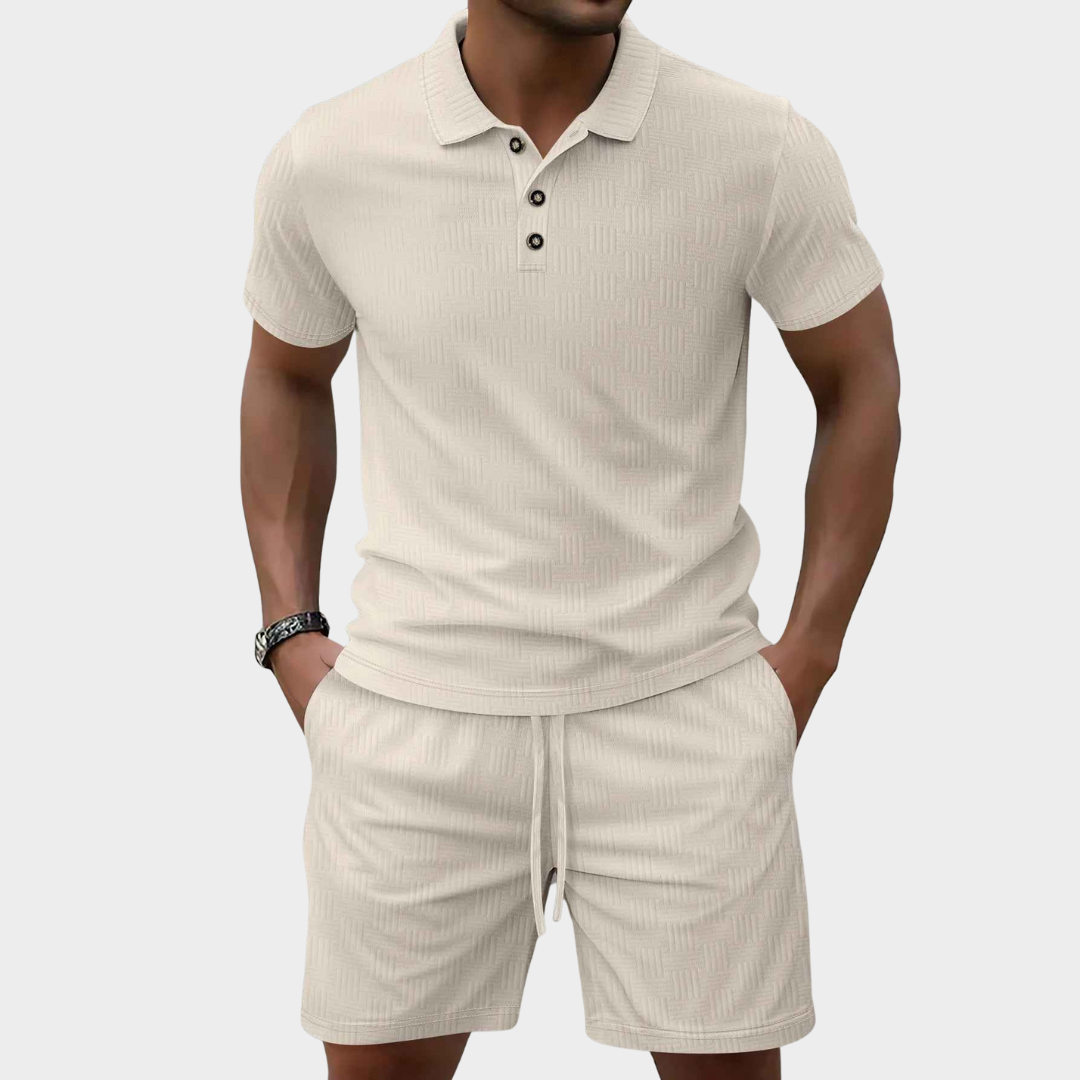 Men's Co-Ord Set – Corduroy Short Sleeve Lapel Polo Shirt with Drawstring Shorts – Multiple Colours