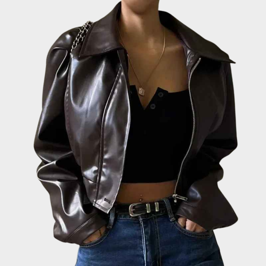 Women's Faux Leather Jacket - Oversized Cropped Coat - Zipper Front - Turn-Down Collar - Brown