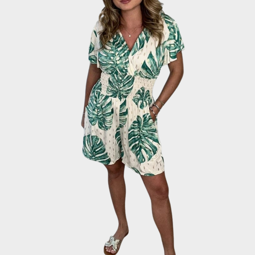 Women's Casual Jumpsuit – V-Neck Short Sleeve High Waist Fit – Leaf Pattern – Multiple Colours