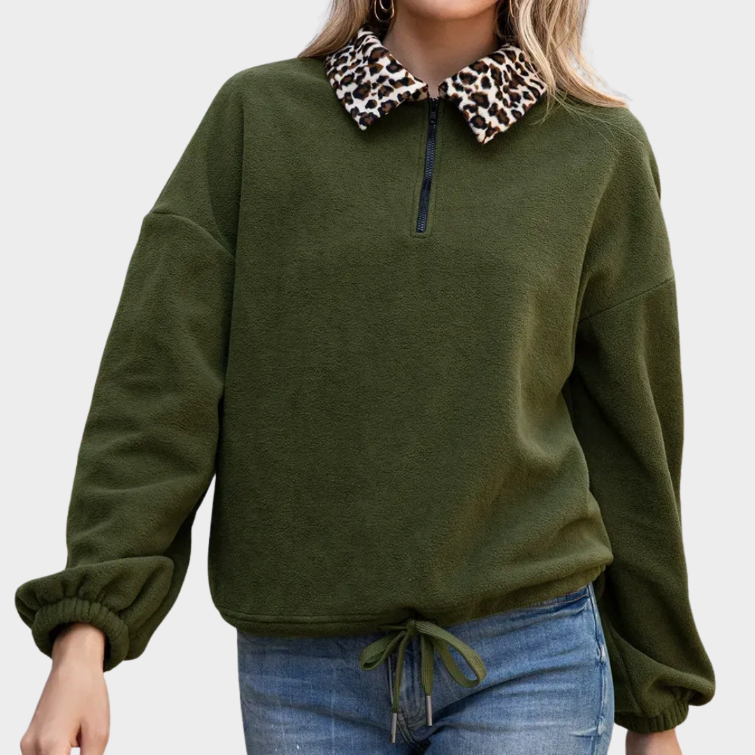 Women’s Faux Fur Collar Fleece Sweatshirt – Relaxed Fit Pullover with Zip Neck and Drawstring Hem – Multiple Colours