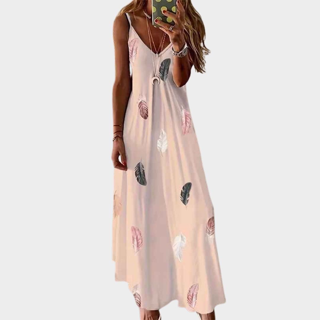 Women Feather Print Maxi Dress – Casual V-Neck Stretch Fit Lightweight Material – Multiple Colours