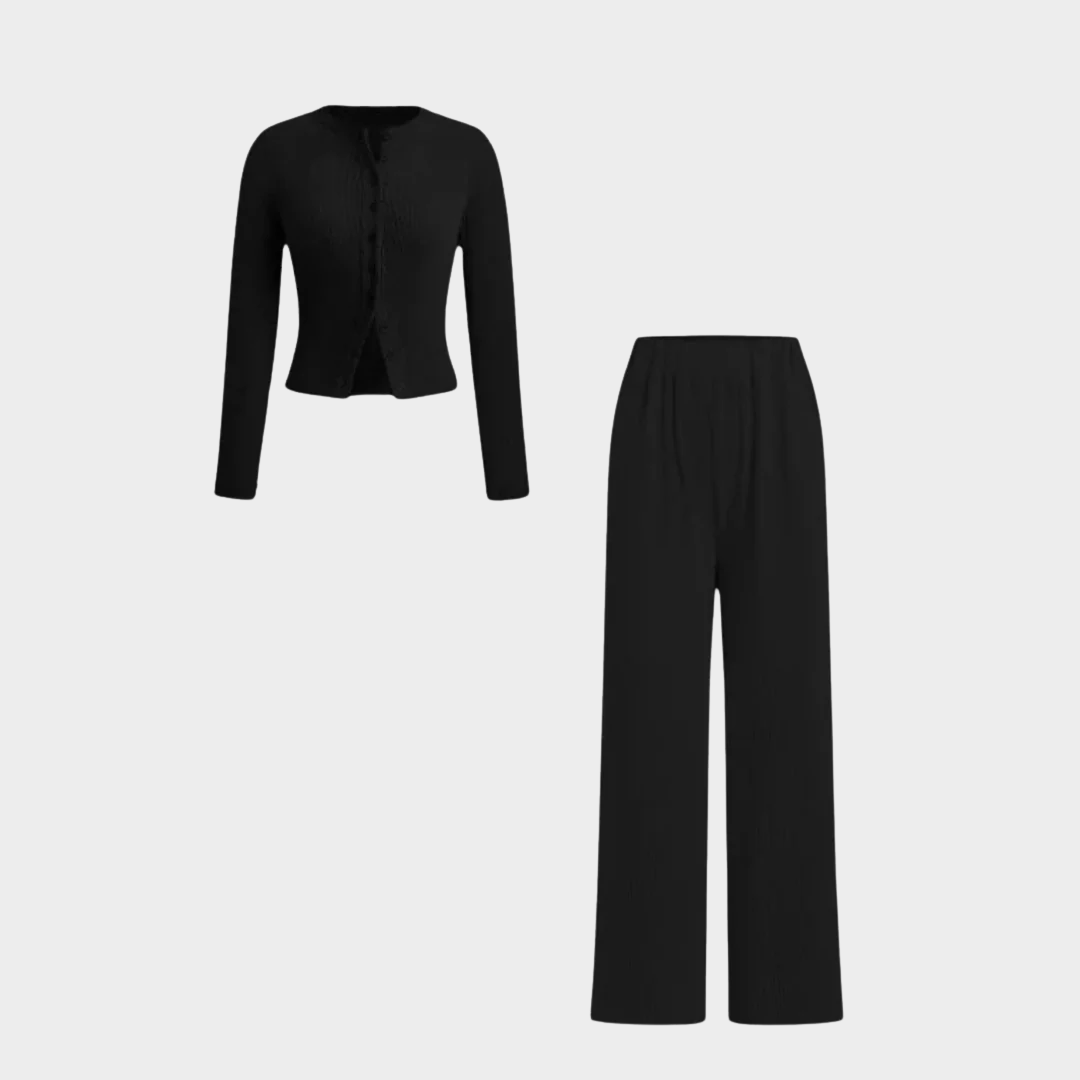 Women Two Piece Set – Solid Ribbed Crop Top with Button Front and Elastic Waist Pants – Casual Matching Outfit Comfortable Y2K Style – Multiple Colours