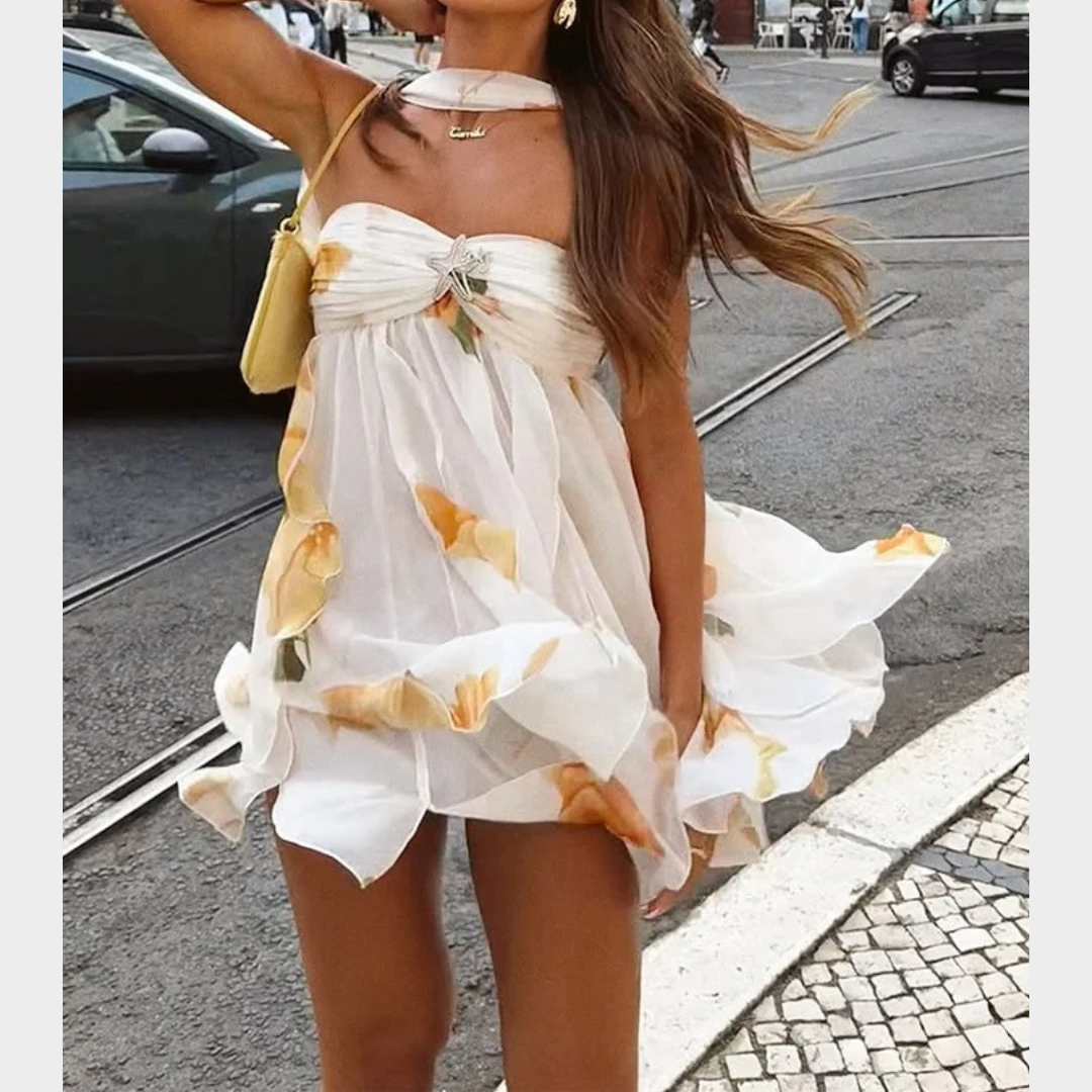 Women’s Halter Neck Printed Mini Dress – Ruffled A-Line High Waist Silhouette – White