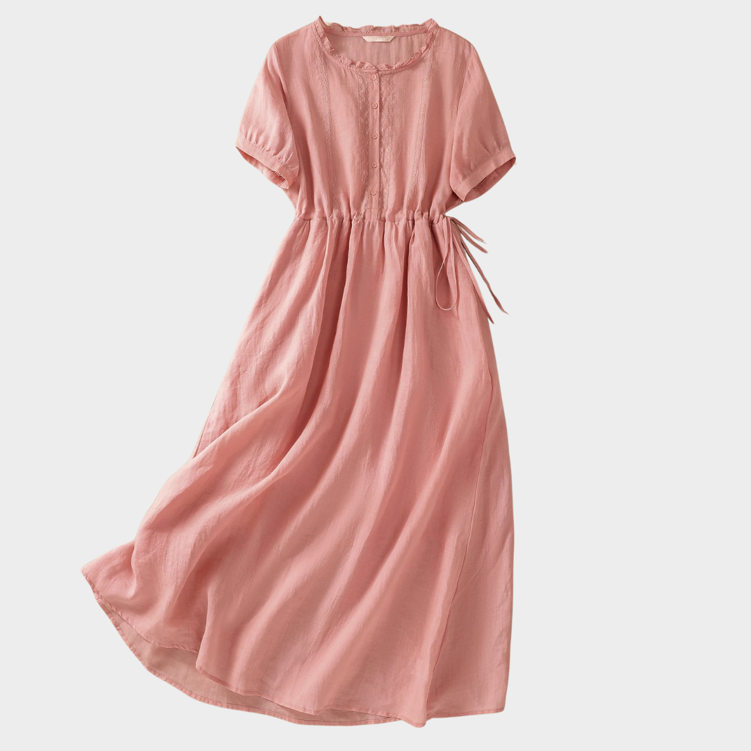 Women’s Short Sleeve Drawstring Collar Dress – Cotton Linen Relaxed Fit with Ear Edge Detail – Solid Colour Casual Midi Dress – Multiple Colours