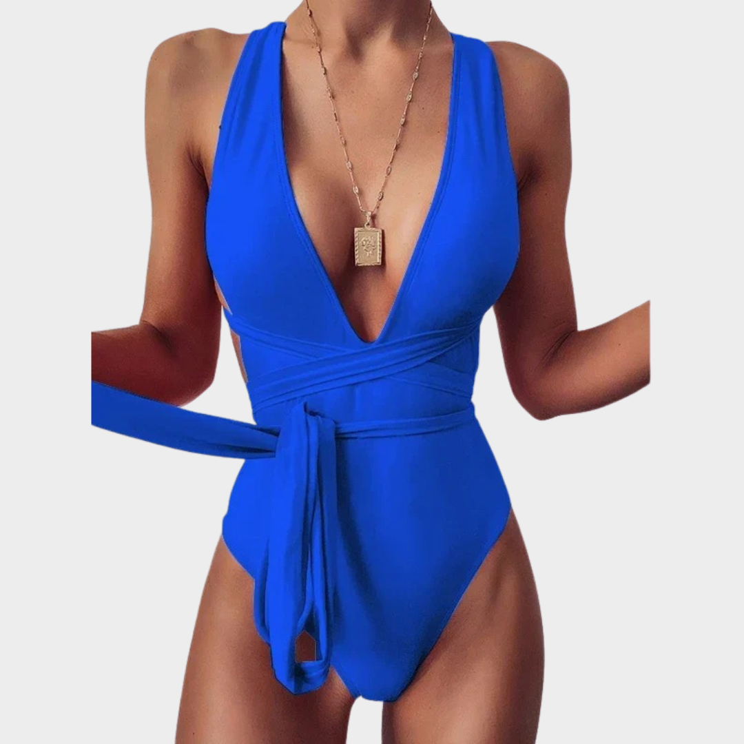 Women One Piece Swimsuit – Deep V Neck Lace-Up Bandage Fit in Stretch Fabric – Multiple Colours