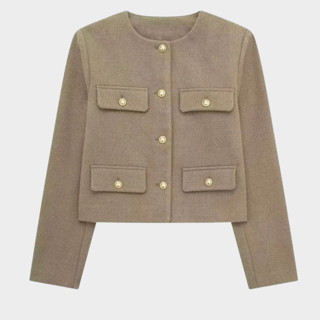 Women's Cropped Jacket – Button-Up – Long Sleeve – Front Flap – Vintage O-Neck – Multiple Colours