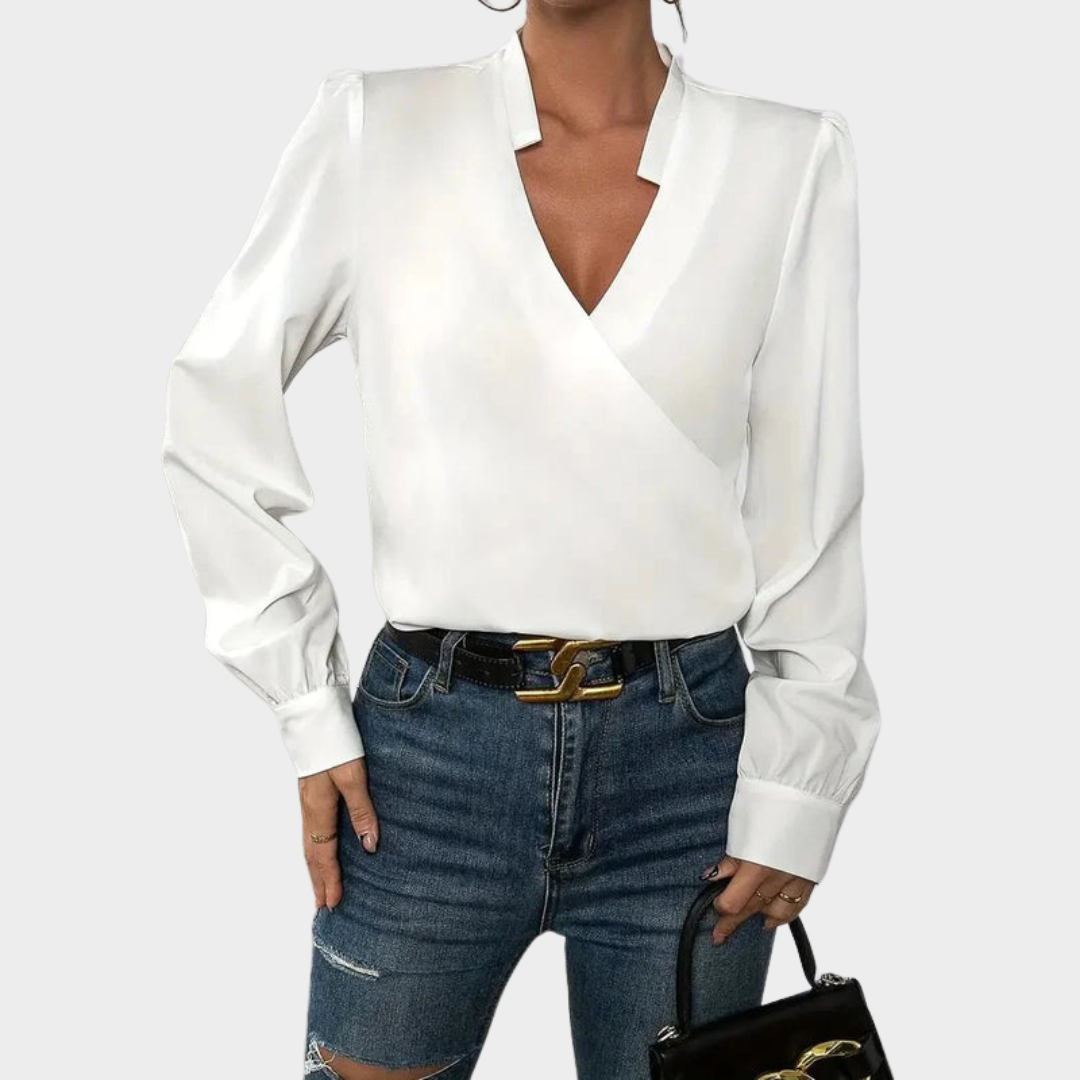 Women's V-Neck Long-Sleeved Shirt – Elegant & Stylish – Soft Fabric – White
