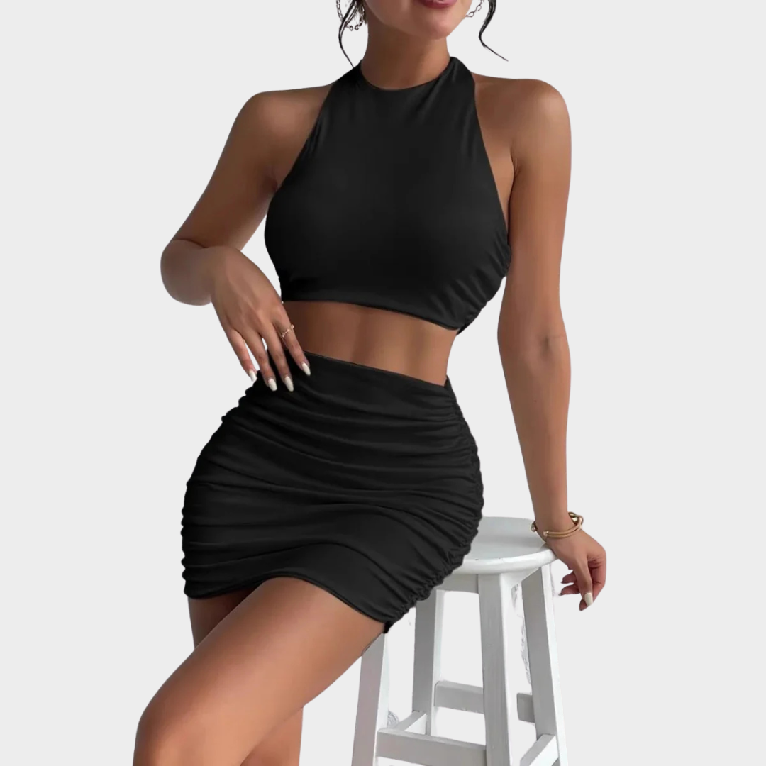 Women’s Tube Top and Skirt Set – Sleeveless Neck Vest and Hip Wrap Skirt – Bodycon Fit – Soft Stretch Fabric – Two-Piece Minimal Style – Multiple Colours