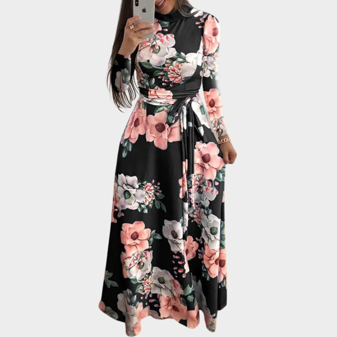 Women's Boho High Neck Maxi Dress – Floral Print Belted Party Dress – Short/Long Sleeve – Multiple Colours