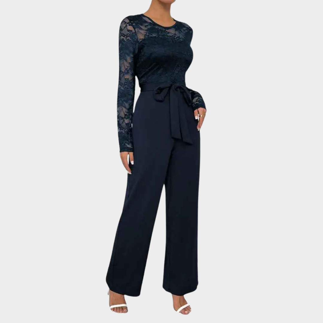 Women's Long Sleeve Lace Formal Jumpsuit – High Waisted Wide Leg One Piece Romper with Belt – Multiple Colours