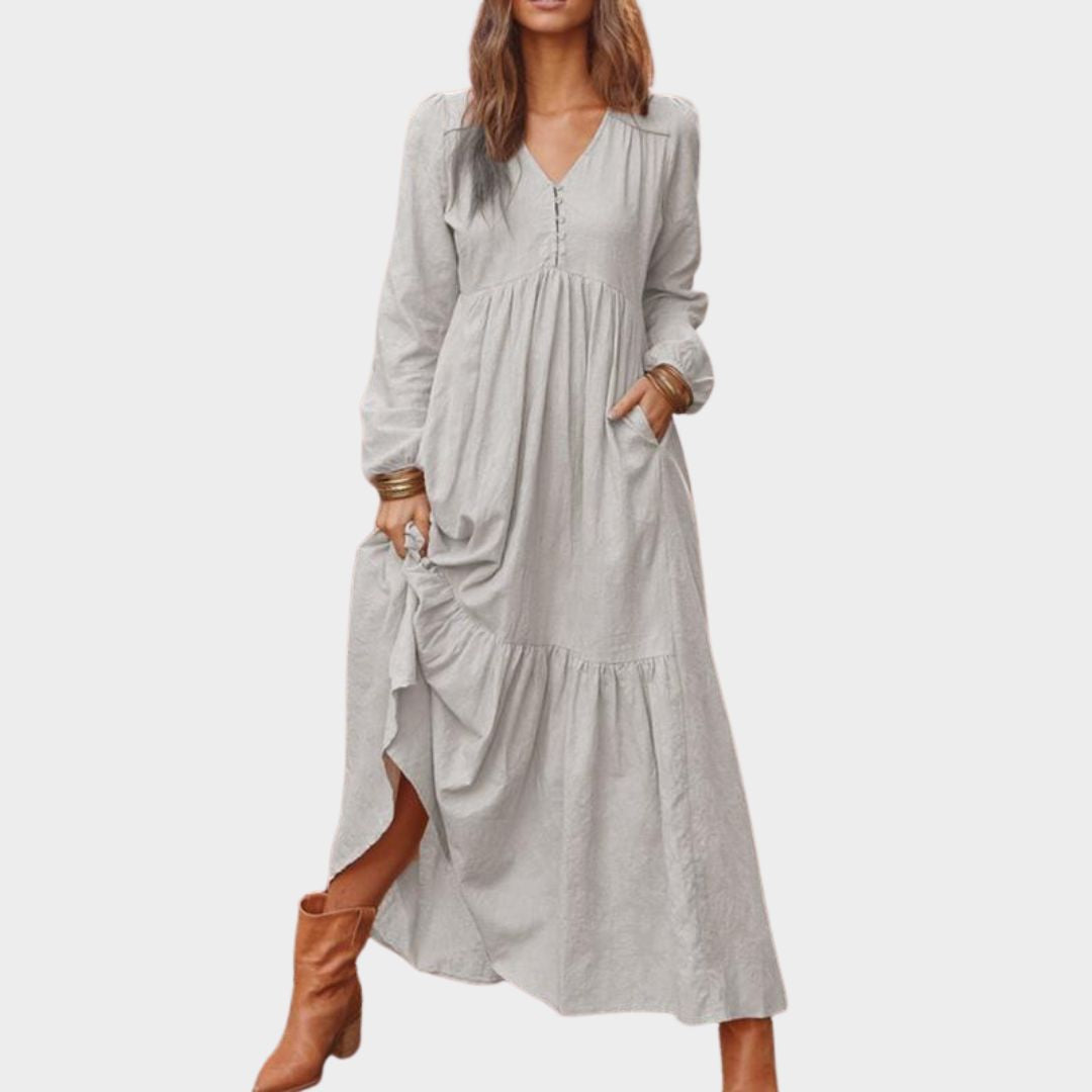 Women's Cotton and Linen Vintage Long Dress – V-Neck Maxi - Casual Loose Fit - Multiple Colors