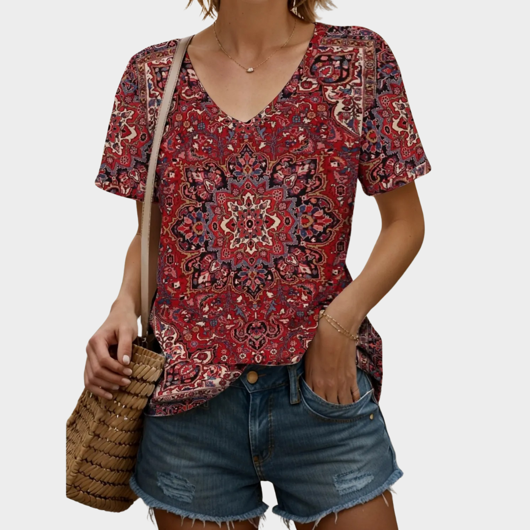 Women’s Ethnic Graphic V-Neck T-Shirt – Short Sleeve Printed Tee – Regular Fit Casual Daily Wear – Soft Cotton-Polyester Blend – Multiple Colours