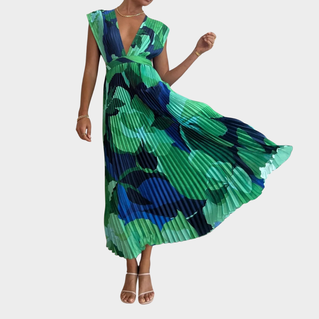 Women's Pleated Sleeveless Casual Dress – Loose Fit – Lightweight Fabric – Green