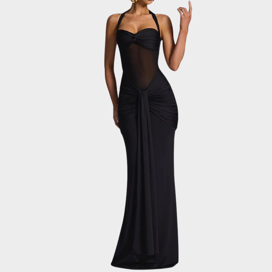 Women’s Maxi Dress – Halter Neck Backless Bodycon Long Dress with Sheer Mesh Bodice and Ruched Draped Detail – Multiple Colours
