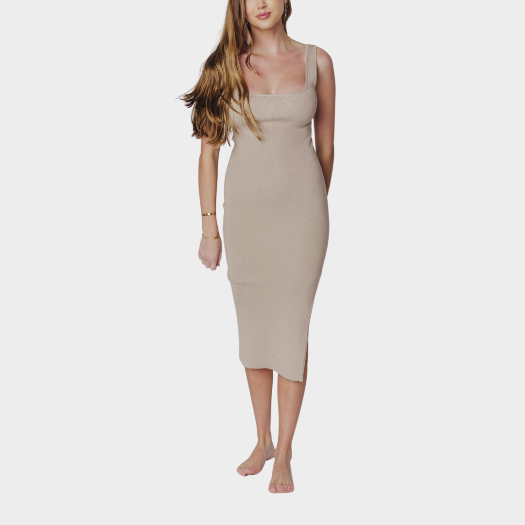 Women's Square Neck Knit Midi Dress – Elegant Fit – Slit Detail – Soft Viscose Blend – Beige