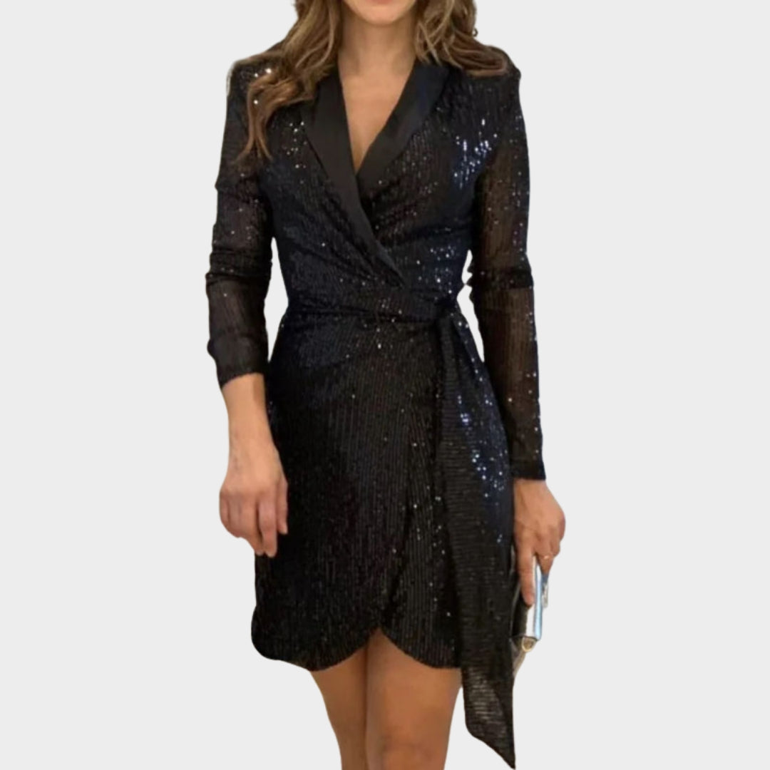 Women - Lapel Long Sleeve A-Line Dress - Shiny Sequins - Slim Fit - Lace-Up Draped Design - Multiple Colours
