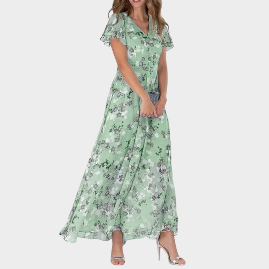 Women’s Elegant V-Neck Maxi Dress – Floral Print Chiffon Long Fit – Casual Beach Party Style – Multiple Colours