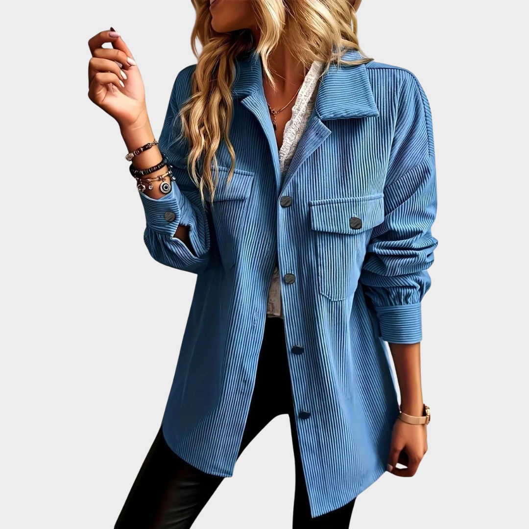 Women's Ribbed Texture Relaxed Fit Shawl Collar Jacket – Button Front Casual Outerwear – Blue