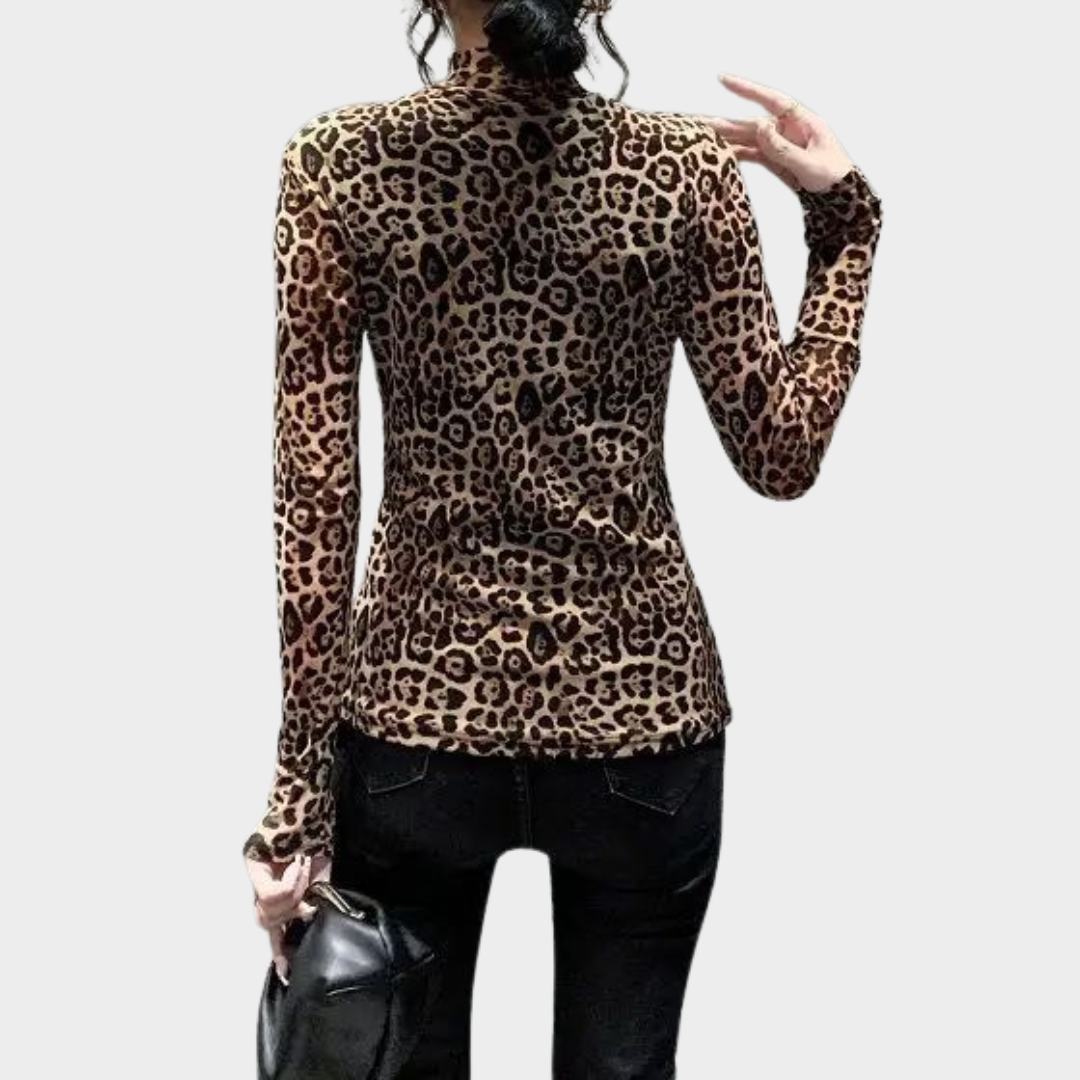 Women’s Long-Sleeved Top – Hollow Out Design – Beaded Detail – Slim Fit – Mesh Fabric – Brown