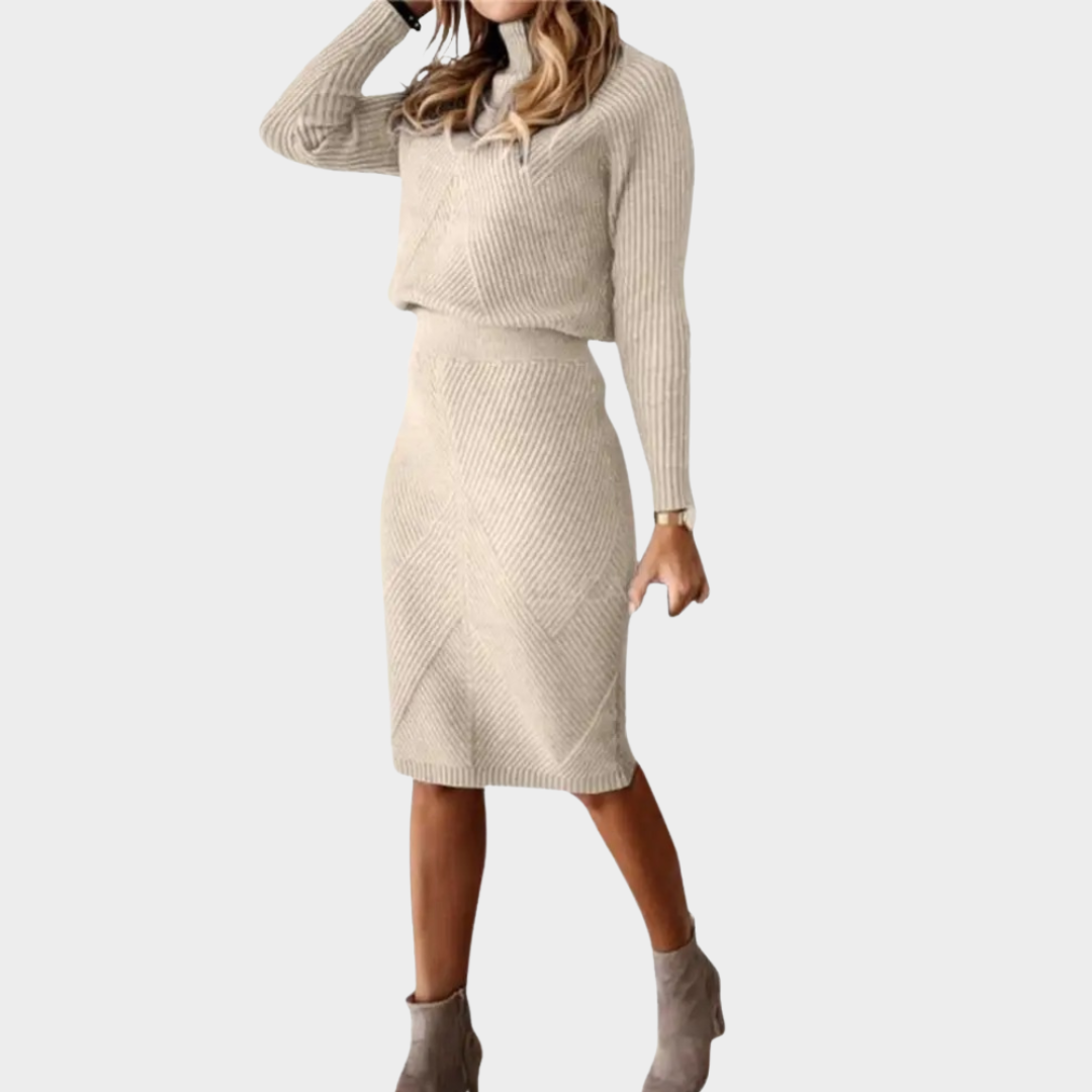 Women's Knitted Sweater Skirt Set – Two-Piece Outfit – High Collar – Long Sleeve – Elastic Waist – Warm & Stylish – Multiple Colours