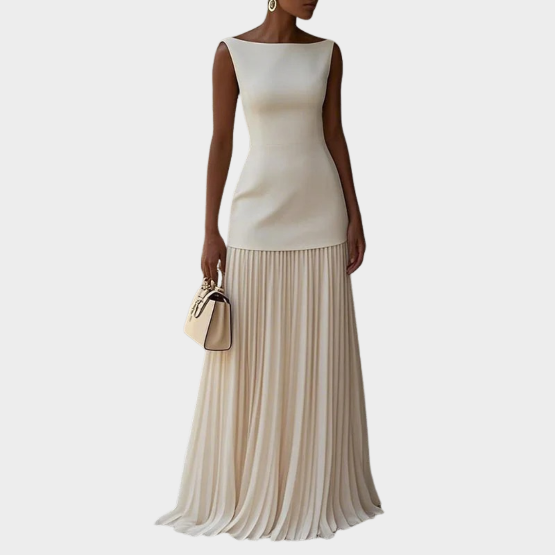 Women’s Sleeveless Maxi Dress – Elegant Pleated Full-Length Gown – Structured Bodice – Flowing Skirt – Multiple Colours