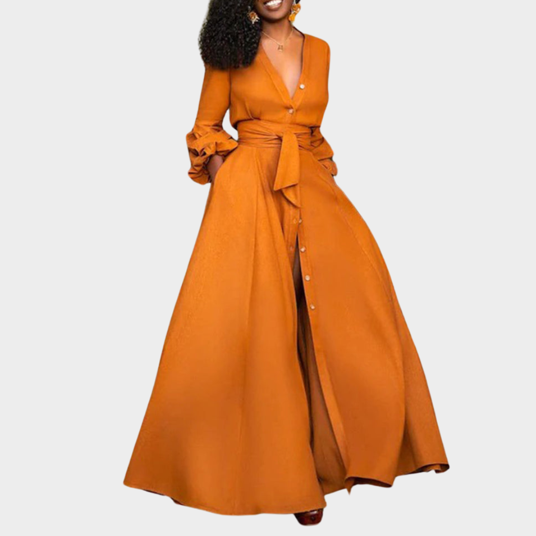 Women's Evening Dress - Long Sleeve - Deep V-Neck - Floor-Length - Elegant Fit - Orange