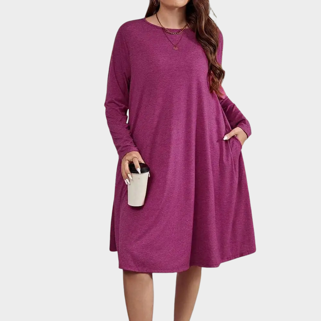 Women’s Long Sleeve Casual Dress – Loose Fit Round Neck with Pockets – Solid Colour – Magenta