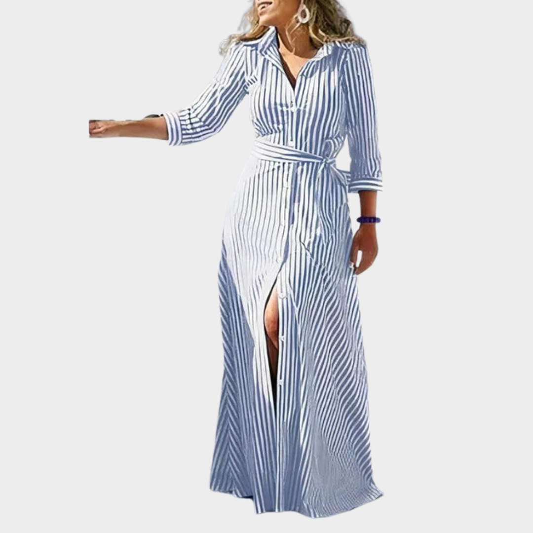 Women’s Printed Shirt Dress – Long Sleeve Maxi Dress with Lace-Up Waist – Turn-Down Collar Single Breasted Style – Multiple Colours