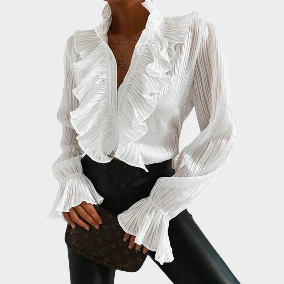 Women's Long Sleeve Button Shirt – V-Neck Ruffled Blouse – Pleated Chiffon – Elegant Office Wear – Multiple Colours