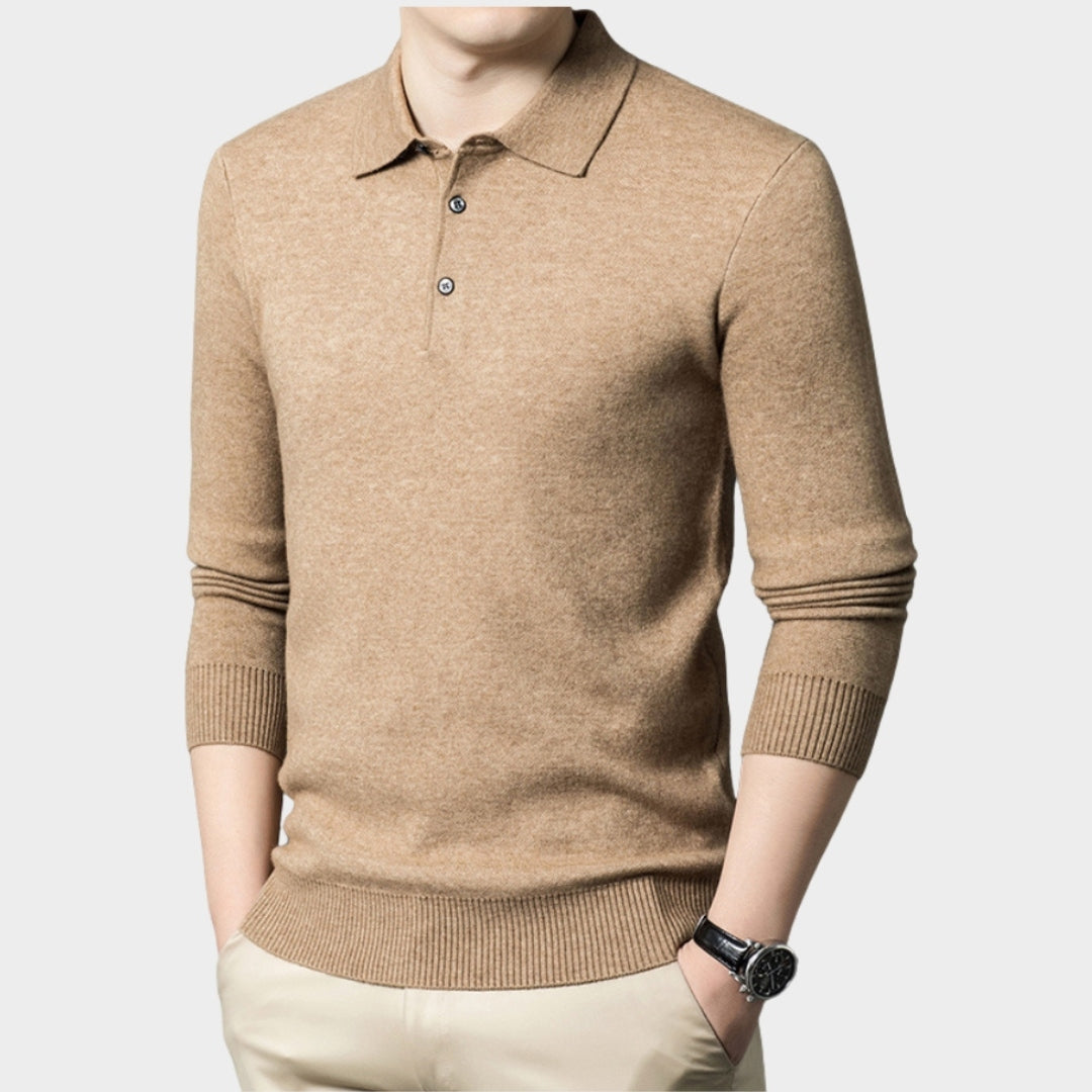 Men's Knitted Polo Shirt - Warm Long Sleeve Casual Sweater for Autumn & Winter (Black, Khaki, and More)