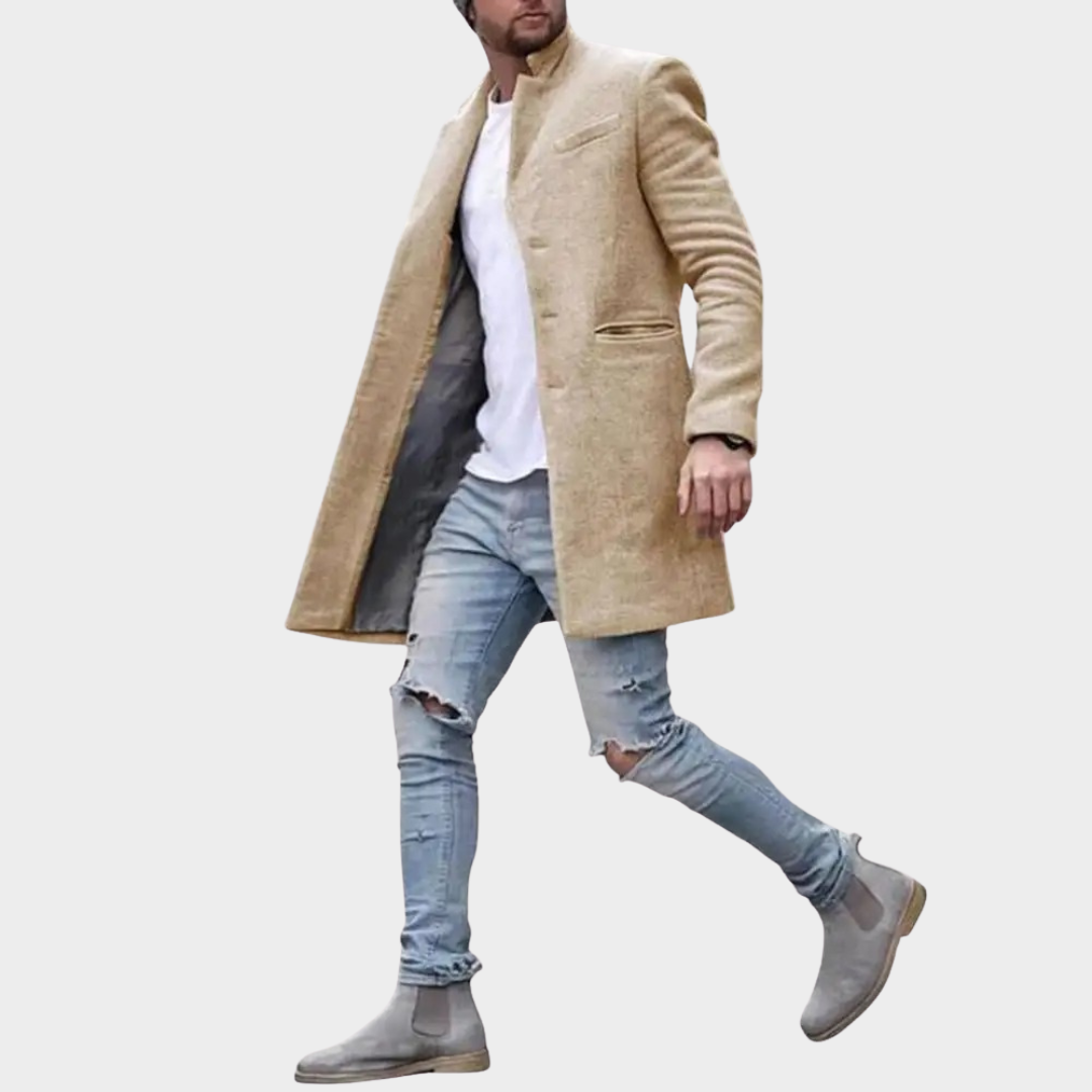 Men Wool Blend Overcoat – Mid Length Single Breasted Lapel Coat with Side Pockets – Multiple Colours