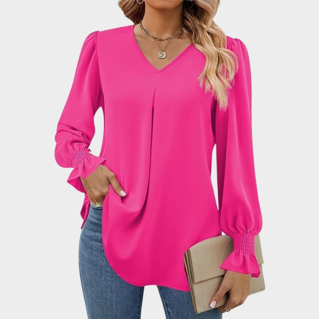 Women’s Chiffon V-Neck Blouse - Long Flared Sleeve Shirt, Loose Fit, Elegant Office Top