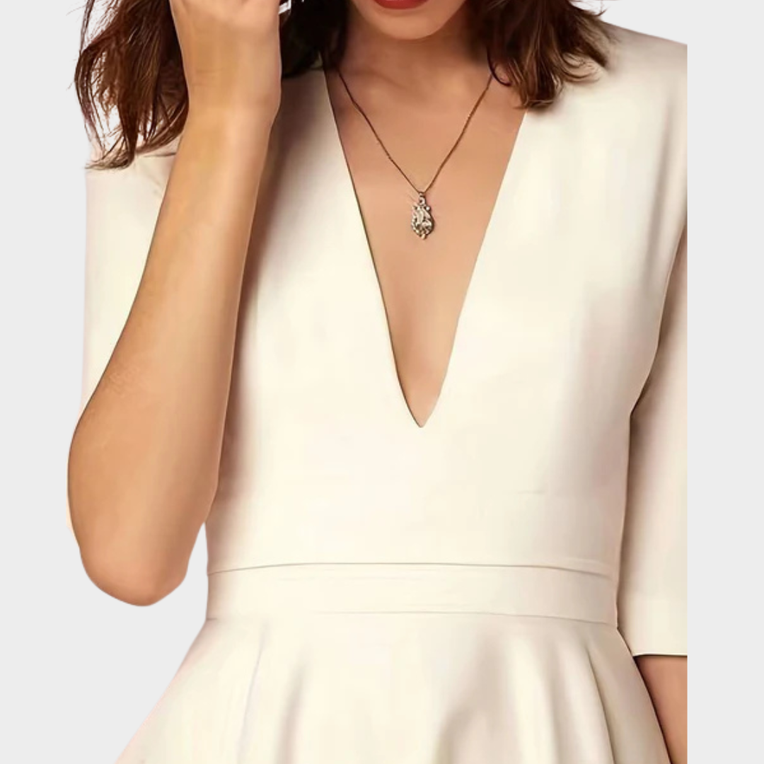 Women's Long V-Neck Slit Dress – Short Sleeve – Solid Colour – Elegant Fit – Lightweight Soft Fabric – Multiple Colours