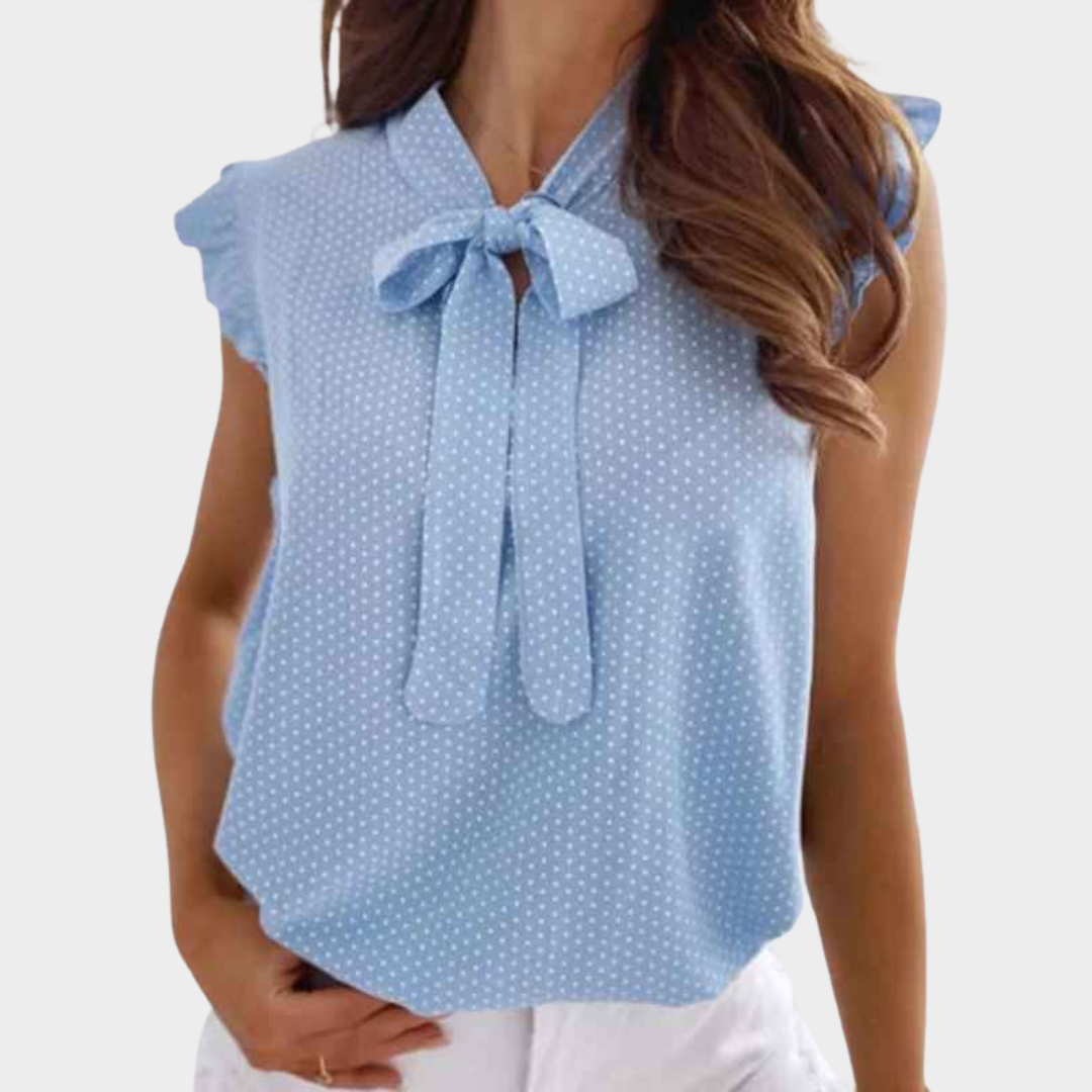 Women Sleeveless Blouse – Relaxed Fit Bow Tie Neck with Polka Dot Ruffle Trim – Multiple Colours
