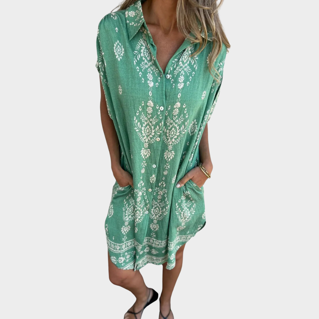 Women Shirt Dress – Loose Fit Printed Design with Turn-down Collar and Pocket – Soft Fabric – Multiple Colours