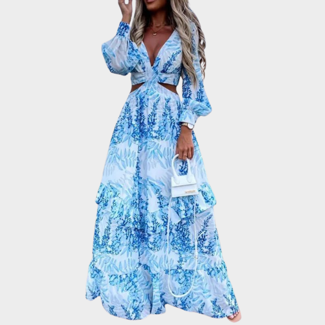 Women's Long Sleeve Maxi Dress – Elegant Deep V-Neck – Hollow Out Ruffle Design – Fashion Print – Multiple Colours