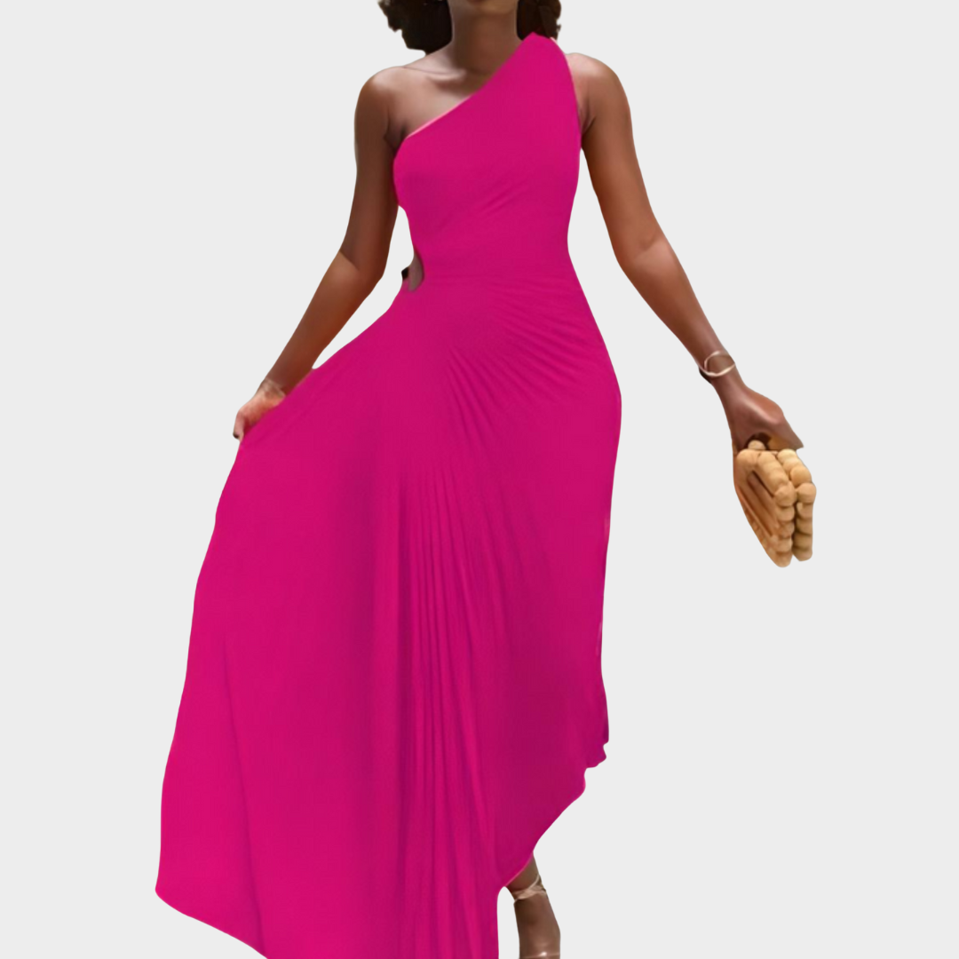Women's A-Line Maxi Dress – One Shoulder – Sleeveless – Pleated Ruched Waist – Soft Draped Fit – Multiple Colours