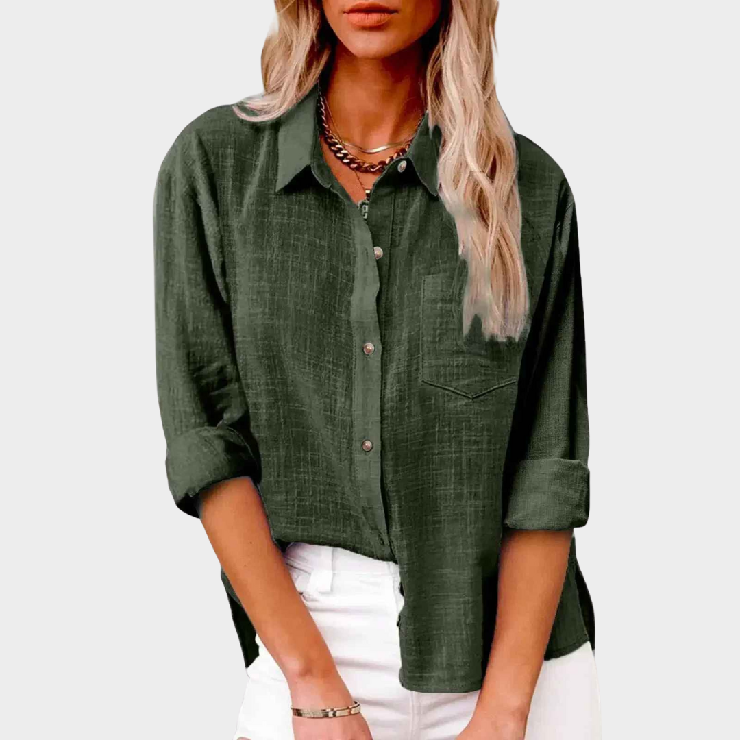 Women Long Sleeve Shirt – Cotton Linen Solid Colour Casual Fit Blouse – Multiple Colours