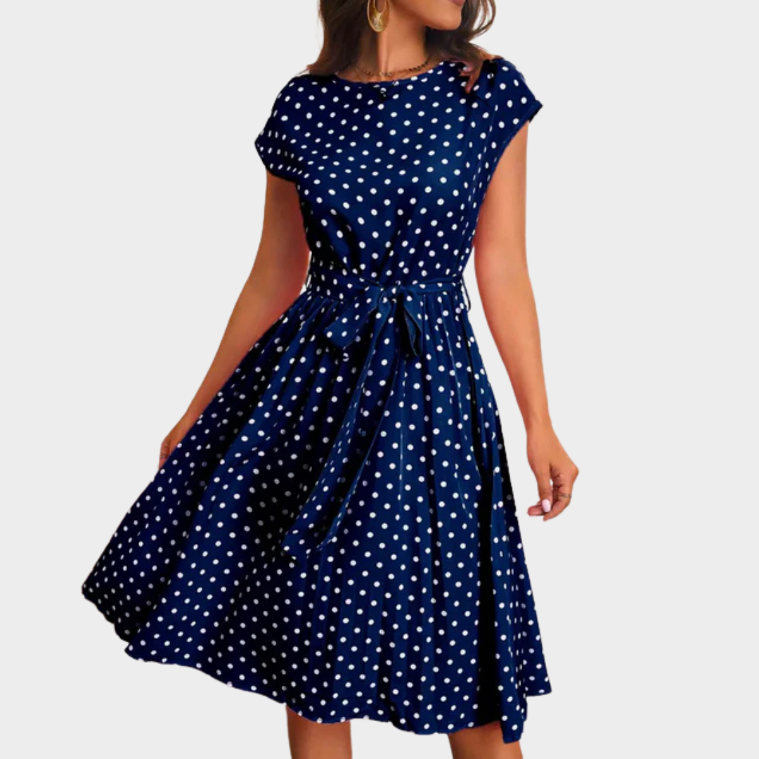Women's Polka Dot Midi Dress – Round Neck Short Sleeves – Bow Knot Waist – Soft Lightweight Fabric – Multiple Colours
