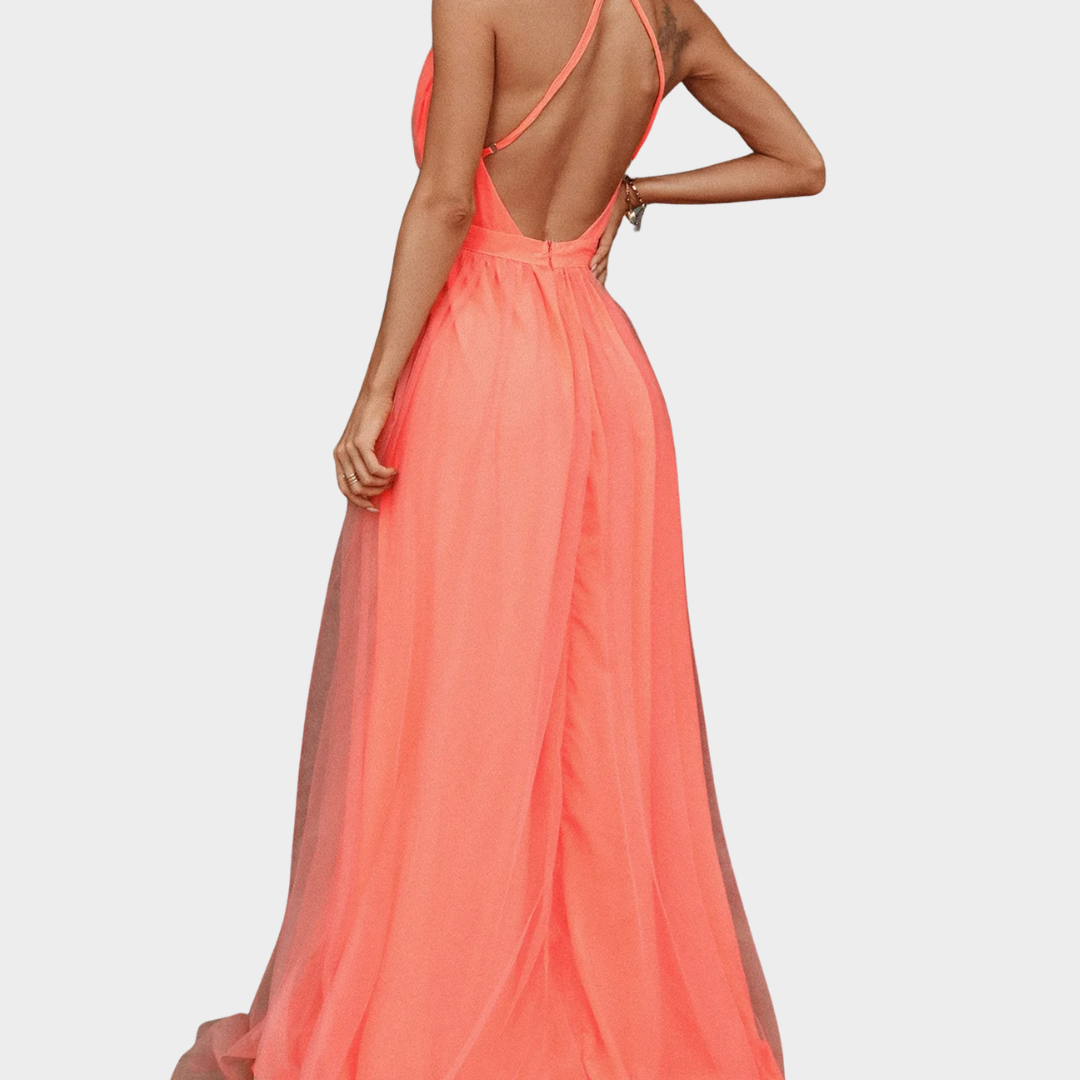 Women’s Sleeveless V-Neck Midi Dress – Backless Design with Elegant Slim Fit – Lightweight Comfortable Fabric – Orange