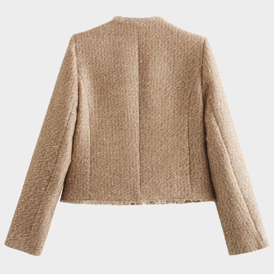 Women's Tweed Cropped Jacket – Single-Breasted – Round Collar – Long Sleeve – Elegant Pocket Coat – Beige
