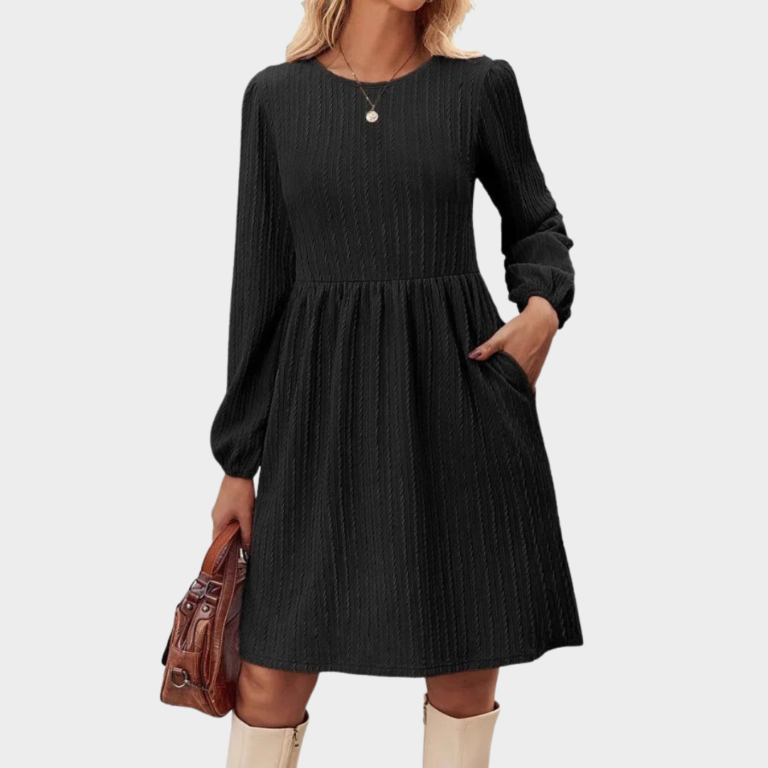 Women’s Knitted Bubble Dress – Long Sleeve Round Neck Embroidered Detail – Elegant Casual Style – Multiple Colours
