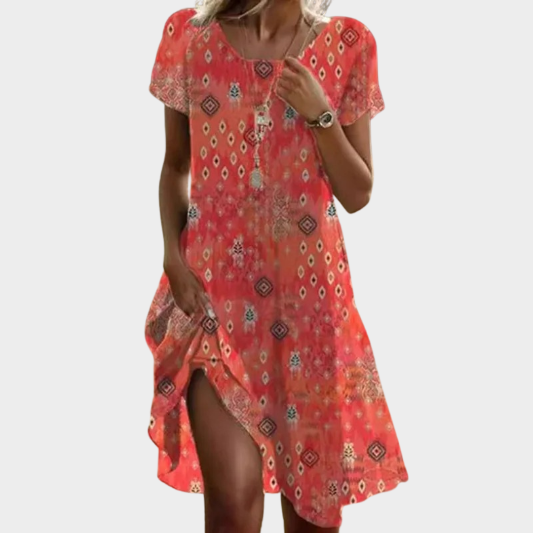 Women’s Boho Floral Dress – Casual Short Sleeve Pullover Fit – Lightweight O-Neck Cotton-Polyester – Multiple Colours