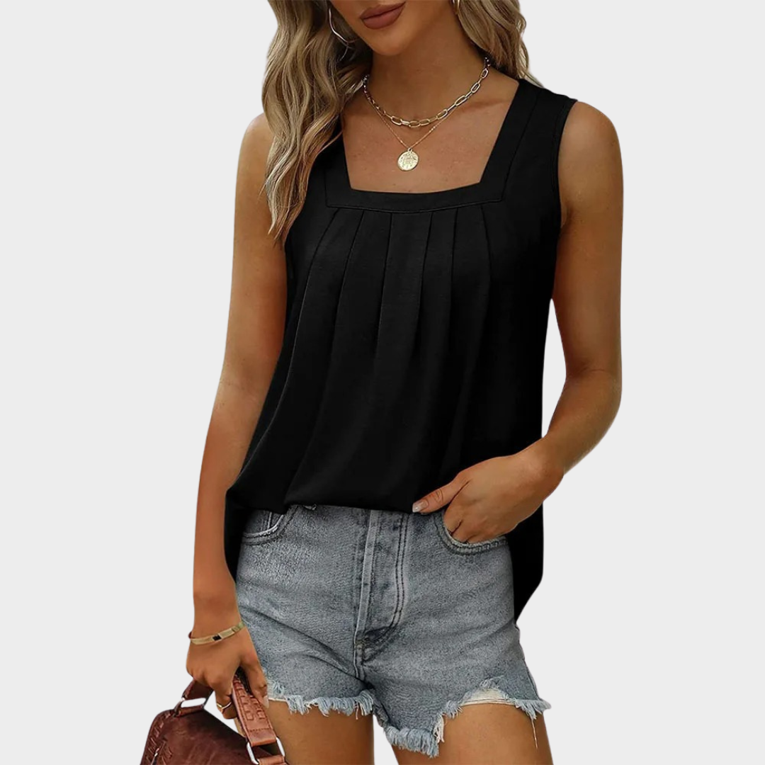 Women’s Sleeveless Pleated Blouse – Square Neck Loose Fit Top – Soft Lightweight Fabric – Smart Casual Style – Solid Colour – Multiple Colours