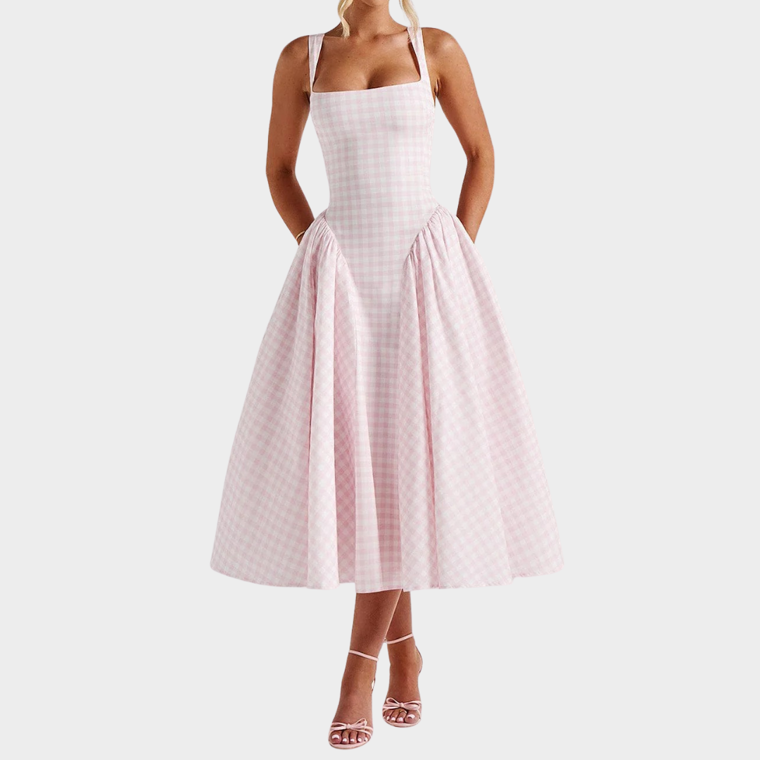 Women’s Midi Dress – Gingham Print with Fitted Bodice – Lace Up Back – Square Neckline – Flowing Skirt – Multiple Colours