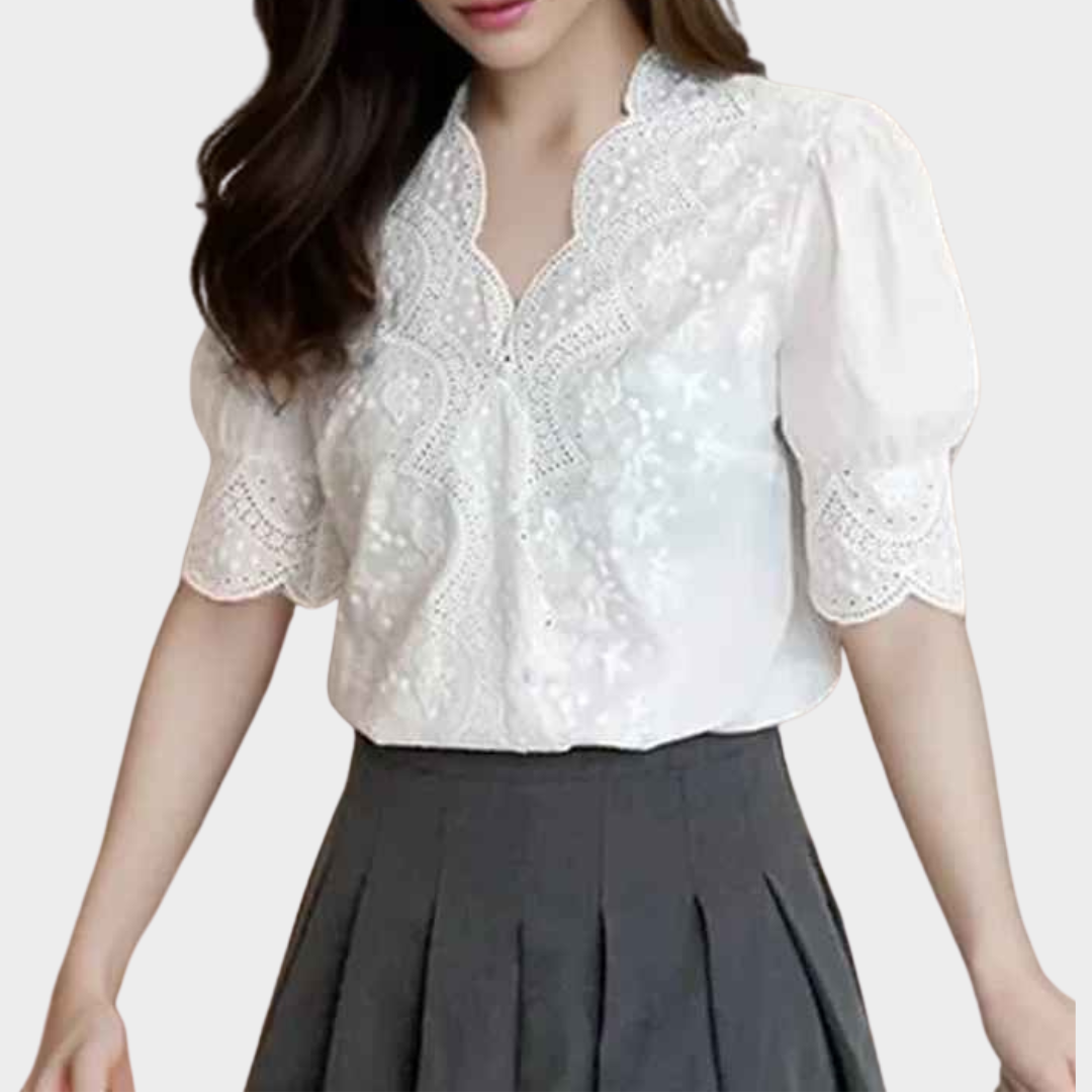Women Embroidered Blouse – Short Sleeve Loose Fit Shirt with Lace Detail in Cotton Linen – White