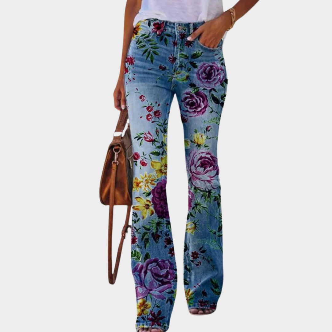 Women's Flare Jeans - High Waist - Printed Denim - Comfortable Fit - Multiple Colours