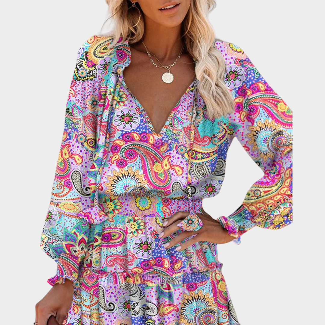 Women's A-Line Ruffled Leopard Print Dress – Long Sleeve – High Waist – Deep V-Neck – Multicolour Pink