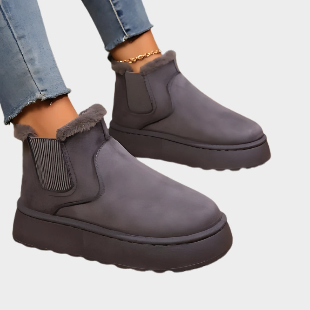 Women’s Short Plush Warm Chelsea Boots - Winter Suede Fur Ankle Platform Flats, Beige, Black,  and More