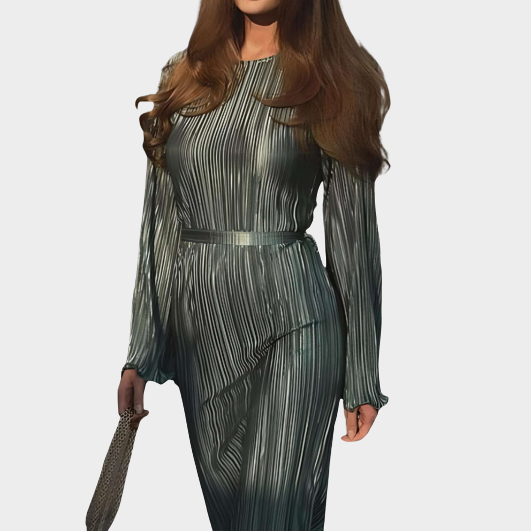 Women's Bodycon Pleated Dress – Elegant Long Sleeve Ankle-Length Dress – Slim Fit O-Neck – Lace-Up Waist – Multiple Colours